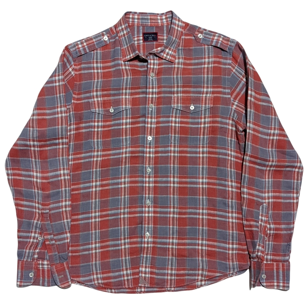 Untuckit Mens L Long Sleeve Button Up Multicolor Plaid Slim Fit Linen Shirt EUC